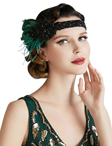 BABEYOND Damen 1920er Feder Stirnband 20er Jahre Stil Flapper Charleston Haarband Great Gatsby Damen Fasching Kostüm Accessoires Dunkelgrün von BABEYOND