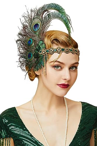 BABEYOND Damen 1920er Feder Stirnband 20er Jahre Stil Flapper Charleston Haarband Great Gatsby Damen Fasching Kostüm Accessoires Dunkelgrün von BABEYOND