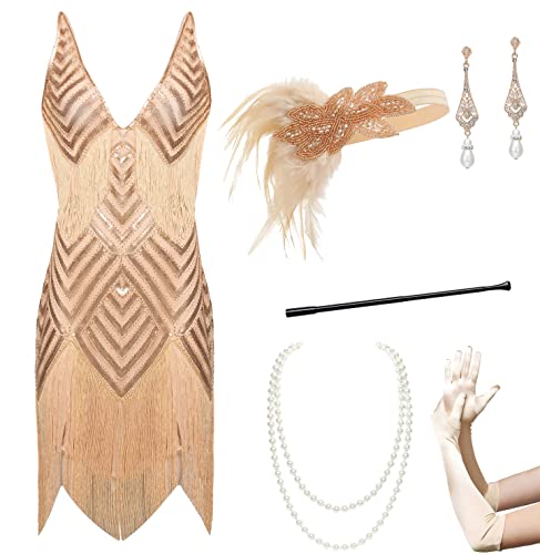 BABEYOND Damen 1920er Flapper Kleid V-Ausschnitt Slip Kleid für brüllende 20er Jahre Great Gatsby Party, Set – Rotgold, S von BABEYOND