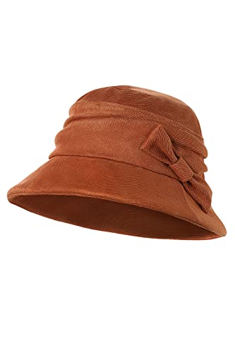 BABEYOND Damen 1920er Jahre Bucket Cloche Hut Gatsby Winter Wolle Knautschbar Bowler Hut Vintage Cloche Runde Hut mit Blumenakzent, X-Kamel, Einheitsgröße von BABEYOND