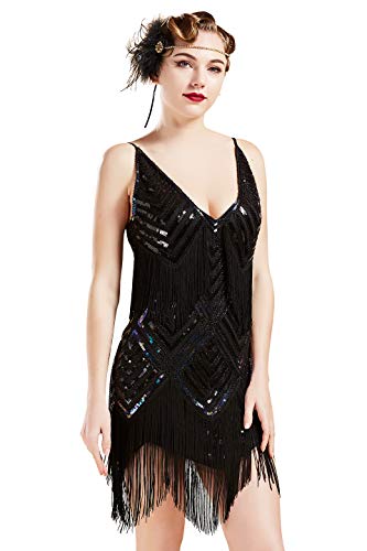 BABEYOND Damen 1920er Jahre Flapper Kleid V Ausschnitt Slip Dress Roaring 20s Great Gatsby Kleid für Party, schwarz, Mittel von BABEYOND