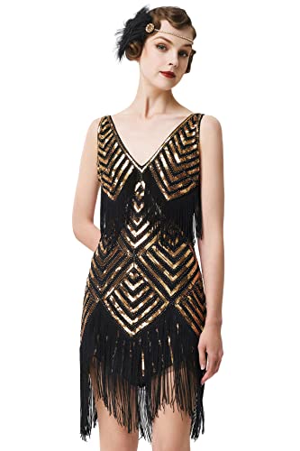 BABEYOND Damen 1920er Jahre Flapper Kleid V Ausschnitt Slip Kleid Brüllend 20er Jahre Great Gatsby Kleid für Party (Schwarz Gold, S), Schwarz Gold, Klein von BABEYOND