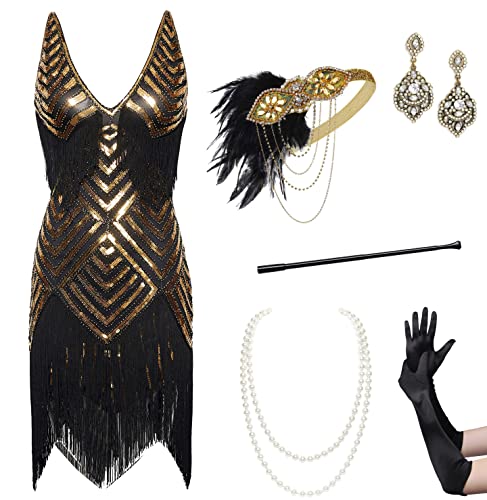 BABEYOND Damen 1920er Jahre Flapper Kleid V Ausschnitt Slip Kleid Roaring 20er Jahre Great Gatsby Kleid für Party, Set - Schwarz Gold, Klein von BABEYOND