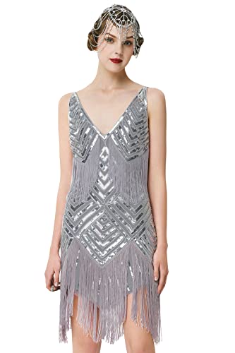 BABEYOND Damen 1920er Jahre Flapper Kleid V Ausschnitt Slip Kleid Roaring 20s Great Gatsby Kleid für Party, Hellgrau, Groß von BABEYOND