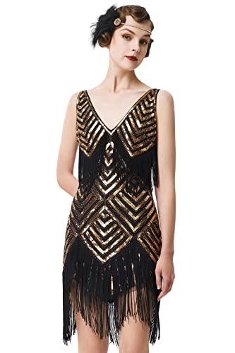 BABEYOND Damen 1920er Jahre Flapper Kleid V Ausschnitt Slip Kleid Roaring 20s Great Gatsby Kleid für Party, Schwarz Gold, Mittel von BABEYOND
