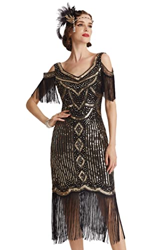 BABEYOND Damen 1920er Jahre Flapper-Kleid Vintage langes Fransen-Kleid brüllende 20er Jahre Pailletten Perlen Kleid, BlackGold, X-Klein von BABEYOND