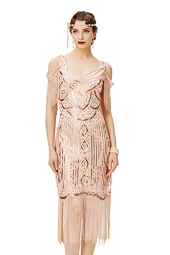 BABEYOND Damen 1920er Jahre Flapper-Kleid Vintage langes Fransen-Kleid brüllende 20er Jahre Pailletten Perlen Kleid, Roségold, XX-Large von BABEYOND