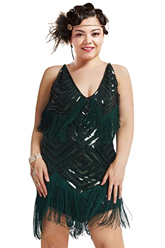 BABEYOND Damen 1920er Plus Flapper Kleid Plus Size V Ausschnitt Slip Kleid Brüllen 20er Jahre Kleid für Party, dunkelgrün, 4X-Groß von BABEYOND