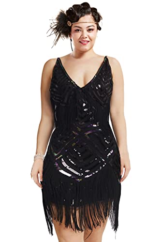 BABEYOND Damen 1920er Plus Flapper Kleid Plus Size V Ausschnitt Slip Kleid Brüllen 20er Jahre Kleid für Party, schwarz, 4X-Groß von BABEYOND