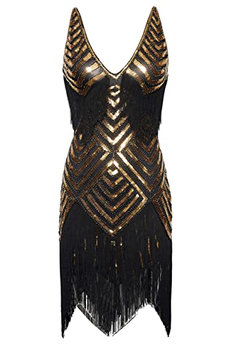BABEYOND Damen 1920er Plus Flapper Kleid Plus Size V Ausschnitt Slip Kleid Brüllend 20er Jahre Kleid für Party, Schwarz Gold, 5XL von BABEYOND