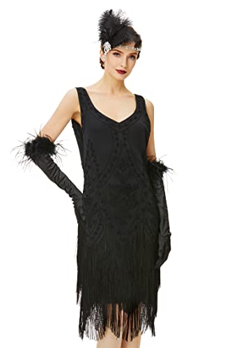 BABEYOND Flapperkleid im Stil der 1920er-Jahre, Der Große Gatsby-Kostüm, Kleid mit Fransen, verziert, Schwarz, Groß von BABEYOND