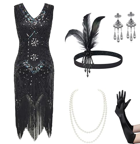 BABEYOND Damen-Charleston-Kleid, 1920er-Jahre, V-Ausschnitt, Große Gatsby-Kleid mit Perlen, Fransen, XS von BABEYOND