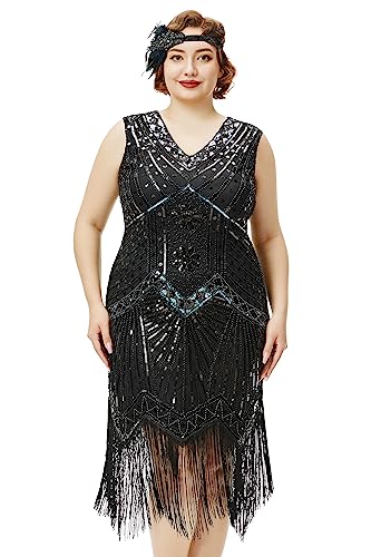 BABEYOND Damen Flapper-Kleid, Übergröße, 1920er-Jahre, V-Ausschnitt, Perlen, Fransen, Great Gatsby Kleid, Glam Black, XXX-Large von BABEYOND