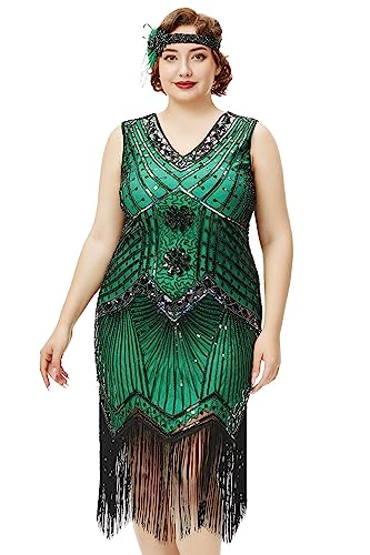 BABEYOND Damen Flapper-Kleid, Übergröße, 1920er-Jahre, V-Ausschnitt, Perlen, Fransen, Great Gatsby Kleid, grün, XXXXXL von BABEYOND