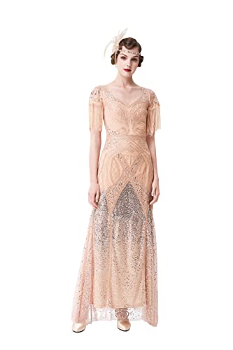 BABEYOND Damen Flapper Kleid 1920er Jahre V-Ausschnitt Abendkleid Pailletten Perlen Maxikleid für Hochzeit, Roségold, X-Groß von BABEYOND