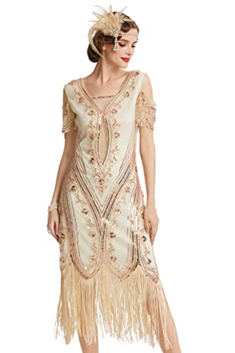 BABEYOND Damen Flapper Kleid brüllend 20er Jahre Vintage Kleid lang Fransen Gatsby Kleid, aprikose, Groß von BABEYOND