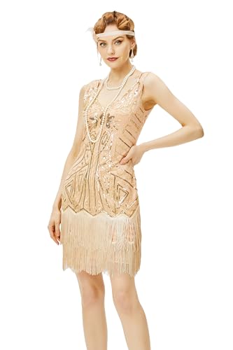 BABEYOND Damen Flapper Kleider 1920er Jahre Perlen Fransen Great Gatsby Kleid, Champagner und Gold, L von BABEYOND