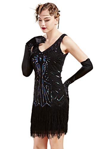 BABEYOND Damen Flapper Kleider 1920er Jahre Perlen Fransen Great Gatsby Kleid, Schwarz mit bunten Pailletten, L von BABEYOND