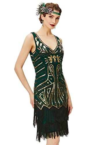 BABEYOND Damen Flapper Kleider 1920er Jahre V-Ausschnitt Perlen Fransen Great Gatsby Kleid, Gold und Dunkelgrün, L von BABEYOND
