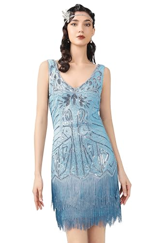 BABEYOND Damen Flapper Kleider 1920er Jahre V-Ausschnitt Perlen Fransen Great Gatsby Kleid, Hell, blau, XX-Large von BABEYOND
