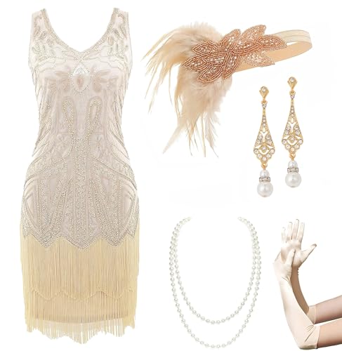 BABEYOND Damen Flapper Kleider 1920er Jahre V-Ausschnitt Perlen Fransen Great Gatsby Kleid, Set - Beige, S von BABEYOND