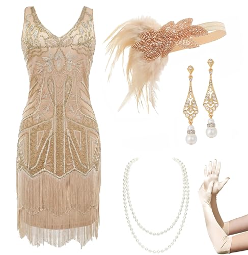 BABEYOND Damen Flapper Kleider 1920er Jahre V-Ausschnitt Perlen Fransen Great Gatsby Kleid, Set - Champagner-Gold, M von BABEYOND