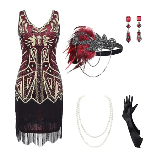 BABEYOND Damen Flapper Kleider 1920er Jahre V Ausschnitt Perlen Fransen Great Gatsby Kleid, Set – Gold Weinrot, L von BABEYOND