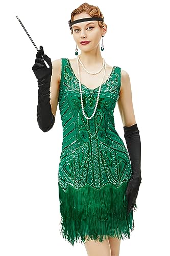 BABEYOND Damen Flapper Kleider 1920er Jahre V Ausschnitt Perlen Fransen Great Gatsby Kleid, grün, Small von BABEYOND