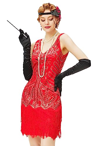 BABEYOND Damen Flapper Kleider 1920er Jahre V Ausschnitt Perlen Fransen Great Gatsby Kleid, rot, L von BABEYOND