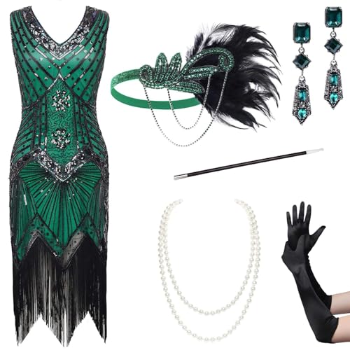 BABEYOND Damen Flapper Kleider 1920er Jahre V-Ausschnitt Perlen Fransen Great Gatsby Kleid Set, Set - Dunkelgrün - 2, 36 von BABEYOND