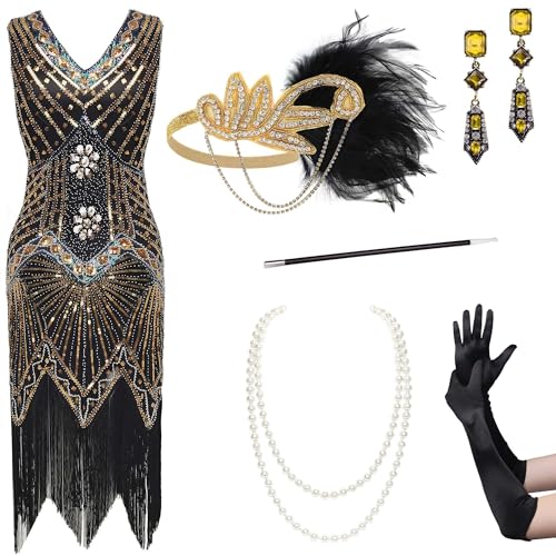 BABEYOND Damen Flapper Kleider 1920er Jahre V-Ausschnitt Perlen Fransen Great Gatsby Kleid Set, Set - Gold - 2, 42 von BABEYOND