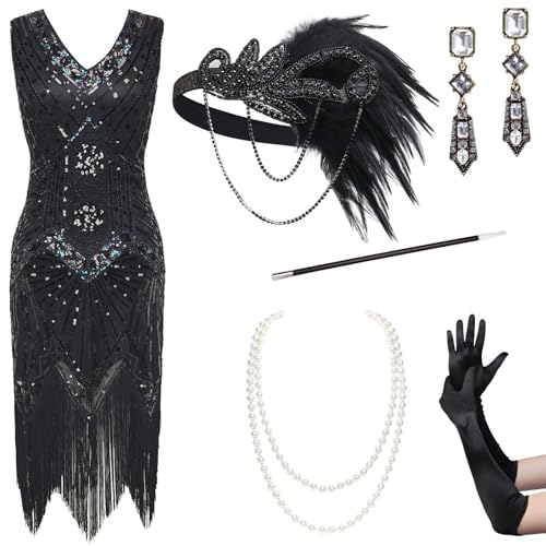 BABEYOND Damen Flapper Kleider 1920er Jahre V-Ausschnitt Perlen Fransen Great Gatsby Kleid Set, Set - Schwarz - 2, 46 von BABEYOND