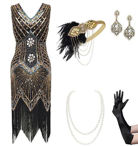 BABEYOND Damen Flapper Kleider Set 1920er V Ausschnitt Great Gatsby Kleid mit Zubehör Set von BABEYOND