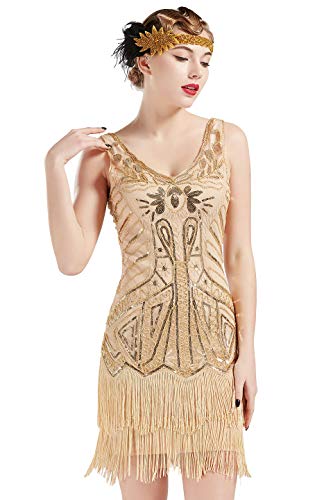 BABEYOND Damen Flapper Kleider der 1920er Jahre mit V-Ausschnitt Perlen ges umt Great Gatsby Kleid Mittel Champagner Gold von BABEYOND