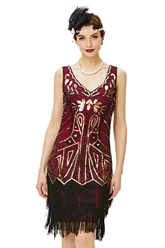 BABEYOND Damen Flapper Kleider der 1920er Jahre mit v-Ausschnitt perlen gesäumt Great Gatsby Kleid Gold & WeinRot Large von BABEYOND