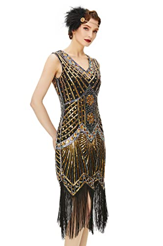 BABEYOND Damen Flapper Kleider voller Pailletten Retro 1920er Jahre Stil V-Ausschnitt Great Gatsby Kostüm Kleid (Größe L/UK 16 / EU 44, Gold) von BABEYOND