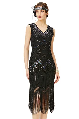 BABEYOND Damen Flapper Kleider voller Pailletten Retro 1920er Jahre Stil V-Ausschnitt Great Gatsby Motto Party Damen Kostüm Kleid (Größe M / UK12-14 / EU 40-42, glamourös Schwarz) von BABEYOND