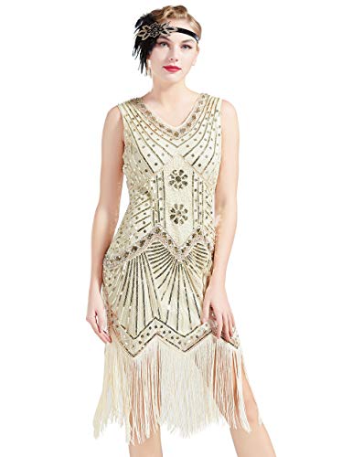 BABEYOND Damen Flapper Kleider voller Pailletten Retro 1920er Party Damen Kostüm Kleid Beige, L von BABEYOND