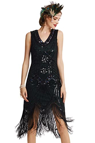 BABEYOND Damen Flapper Kleider voller Pailletten Retro 1920er Party Damen Kostüm Kleid Dunkelgrün, XXL von BABEYOND