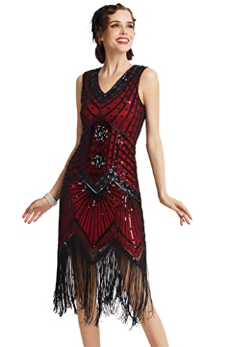 BABEYOND Damen Flapper Kleider voller Pailletten Retro 1920er Party Damen Kostüm Kleid Rot, XL von BABEYOND