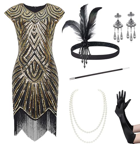 BABEYOND Damen-Flapperkleid, 1920er-Jahre, mit Perlen besetzt, Fransen, Great-Gatsby-Kleid, XXL von BABEYOND