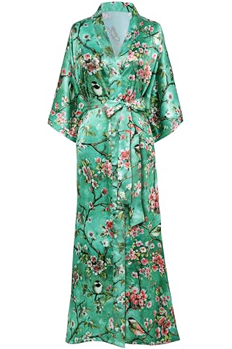 BABEYOND Damen Floral Kimono Robe Satin Seide Hochzeit Robe 1920S Kimono Nachthemd Nachtwäsche 53" Lang Eine Größe passt meistens Plum Blossom-grün von BABEYOND