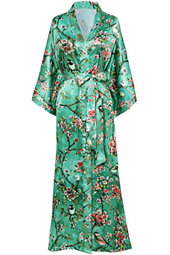 BABEYOND Damen Floral Kimono Robe Satin Seide Hochzeit Robe 1920S Kimono Nachthemd Nachtwäsche 53" Lang Eine Größe passt meistens Plum Blossom-grün von BABEYOND