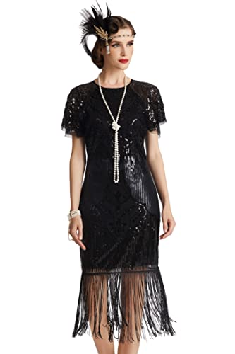BABEYOND Damen Gatsby Kleid 1920er Jahre Flapper Kurzes Kleid Pailletten Perlen Fransen Kleid für Party, Schwarz, X-Groß von BABEYOND