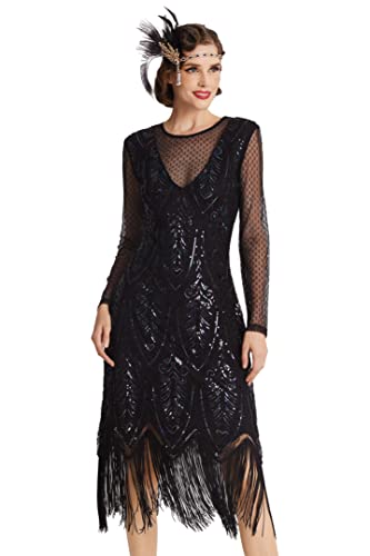 BABEYOND Damen Gatsby Kleid - Flapper Kleid 1920er Jahre Lange Ärmel Pailletten Perlen Kleid für Party Schwarz, Schwarz, Groß von BABEYOND