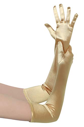 BABEYOND Damen Satin Classic Opera Fest Party Audrey Hepburn Handschuhe 1920er Stil Elastisch Erwachsene Größe Ellenbogen bis Handgelenk Länge 52/55cm (Lang Glatt 52cm / Gold) von BABEYOND