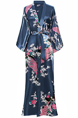 BABEYOND Damen Kimono Robe Lange Satin Roben mit Pfau und Blüten Bedrucktes Kimono Nachthemd, Preußischblau, Einheitsgröße von BABEYOND
