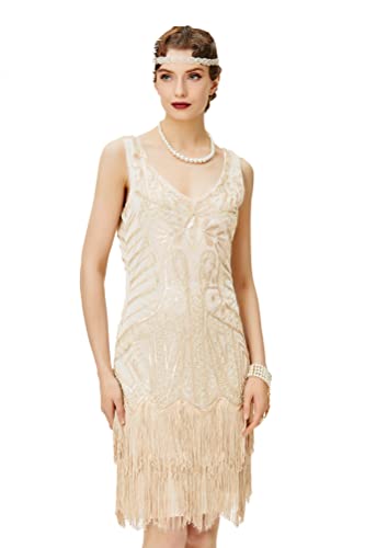 BABEYOND Damen Kleid Retro 1920er Stil Flapper Kleider mit Zwei Schichten Troddel V Ausschnitt Great Gatsby Motto Party Kleider Damen Kostüm Kleid (Beige, XXXL) von BABEYOND