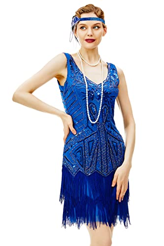 BABEYOND Damen Kleid Retro 1920er Stil Flapper Kleider mit Zwei Schichten Troddel V Ausschnitt Great Gatsby Motto Party Kleider Damen Kostüm Kleid (Blau, XXL) von BABEYOND