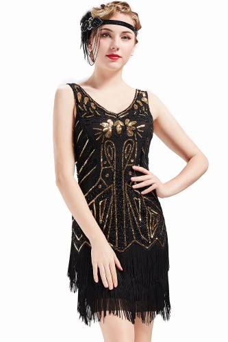 BABEYOND Damen Retro 1920er Stil Flapper Kleider mit Zwei Schichten Troddel V Ausschnitt Great Gatsby Motto Party Kostüm Kleider- Gr. M (Fits 78-88 cm Waist & 96-106 cm Hips), Gold Schwarz von BABEYOND